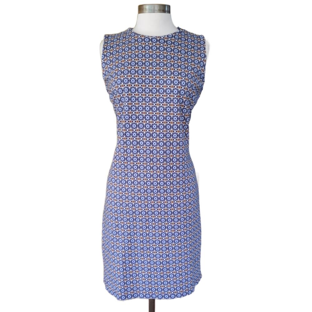 J McLaughlin Devon Sleeveless Sheath Dress Size Large Blue Tile Print Bainbridge